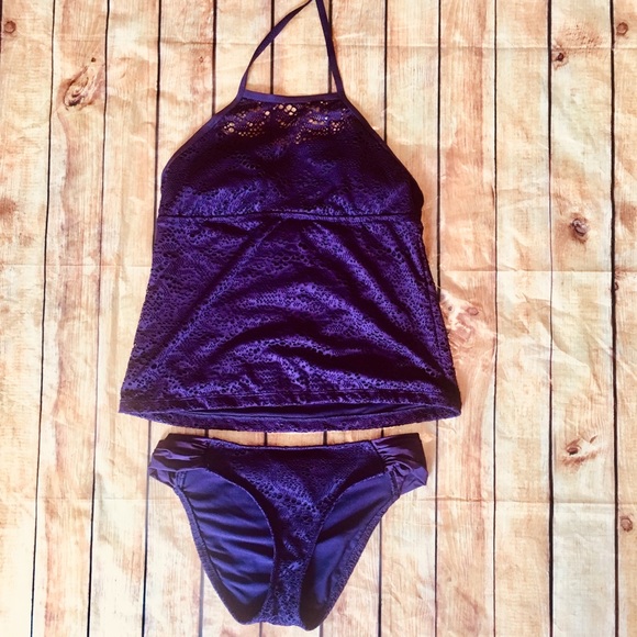 Plum Lace High Neck Halter Swimsuit - Picture 1 of 2